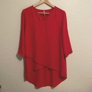 MOON ORCHID Women’s Red High/Low Tier 3/4 Length Sleeve V-Neck Blouse Top Size S